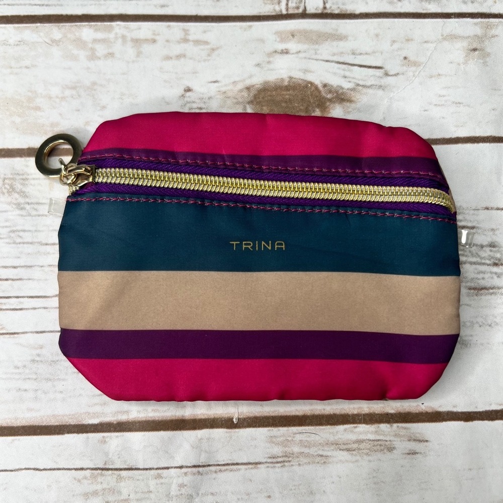 Trina Turk Cosmetic Pouch Multicolor Striped Nylon Makeup Bag Small OS